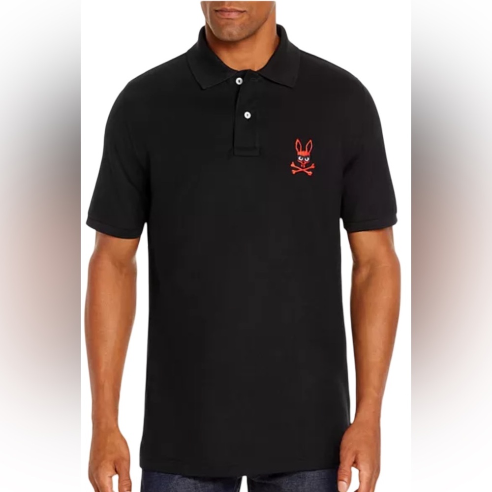 Psycho Bunny Black Polo  Classic Fit Mischief Red Embroidered Bunny Emblem
